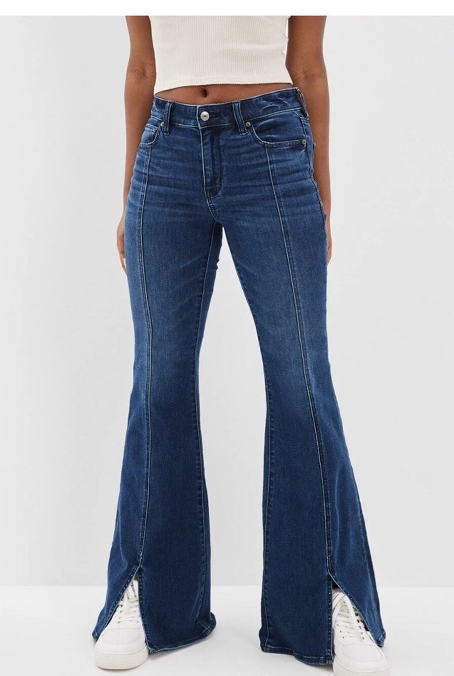 American Eagle Festival Flare Jeans Womens 4 Blue Next Level Stretch Front Slits